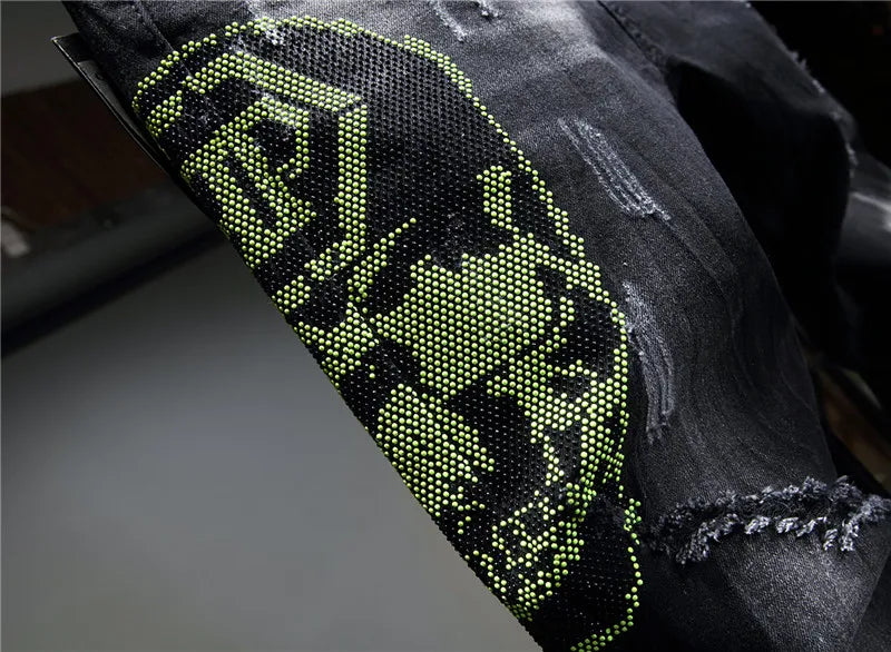2021 Streetwear Clothing Patterned Men Super Skinny Black Jeans with Painting,Hot Drilling Slim Pants Skinny Jeans for Men