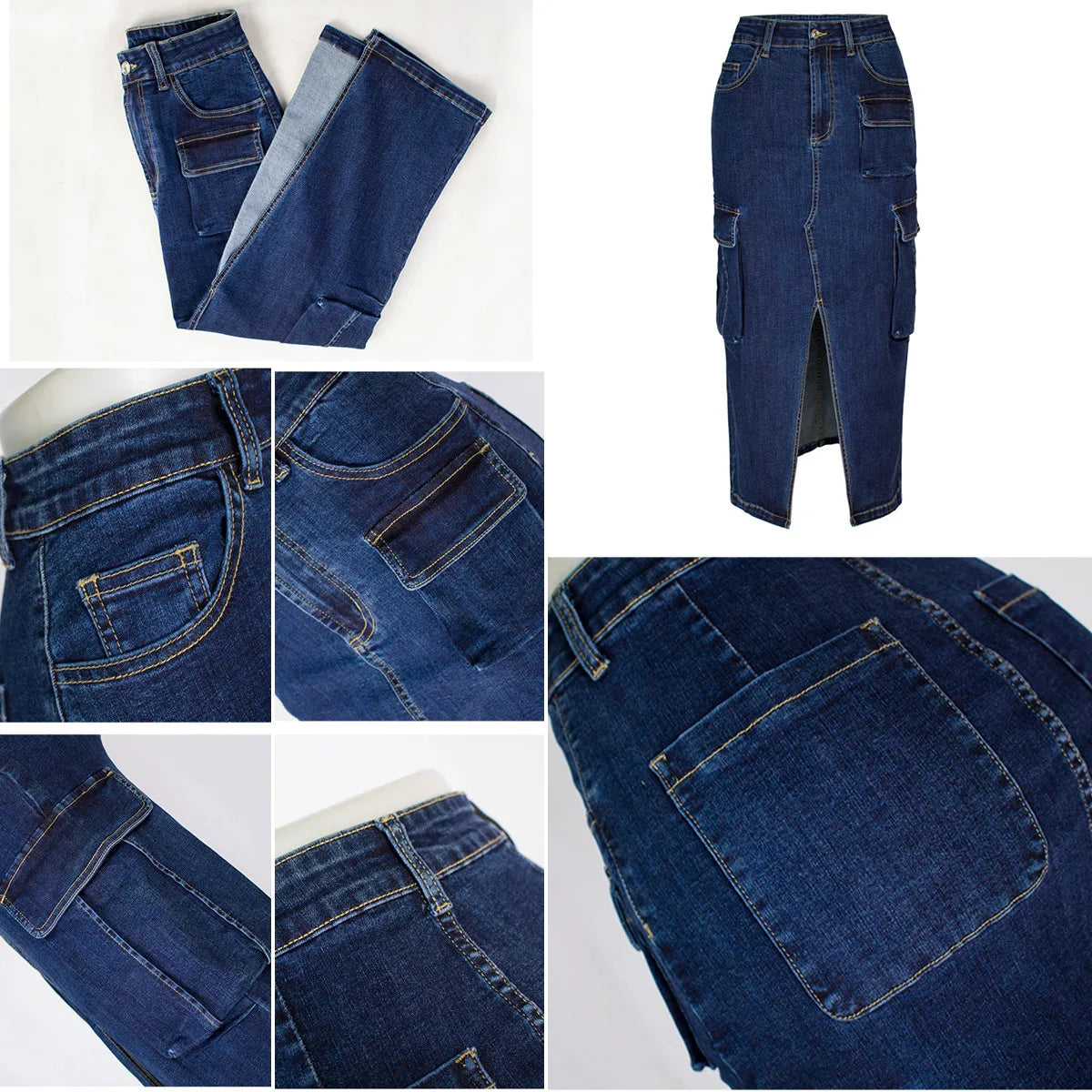 SL157 High Quality Summer Cargo Jeans Skirts for Women Multi Pocket High Waist Slim Split Long Denim Skirts for Women