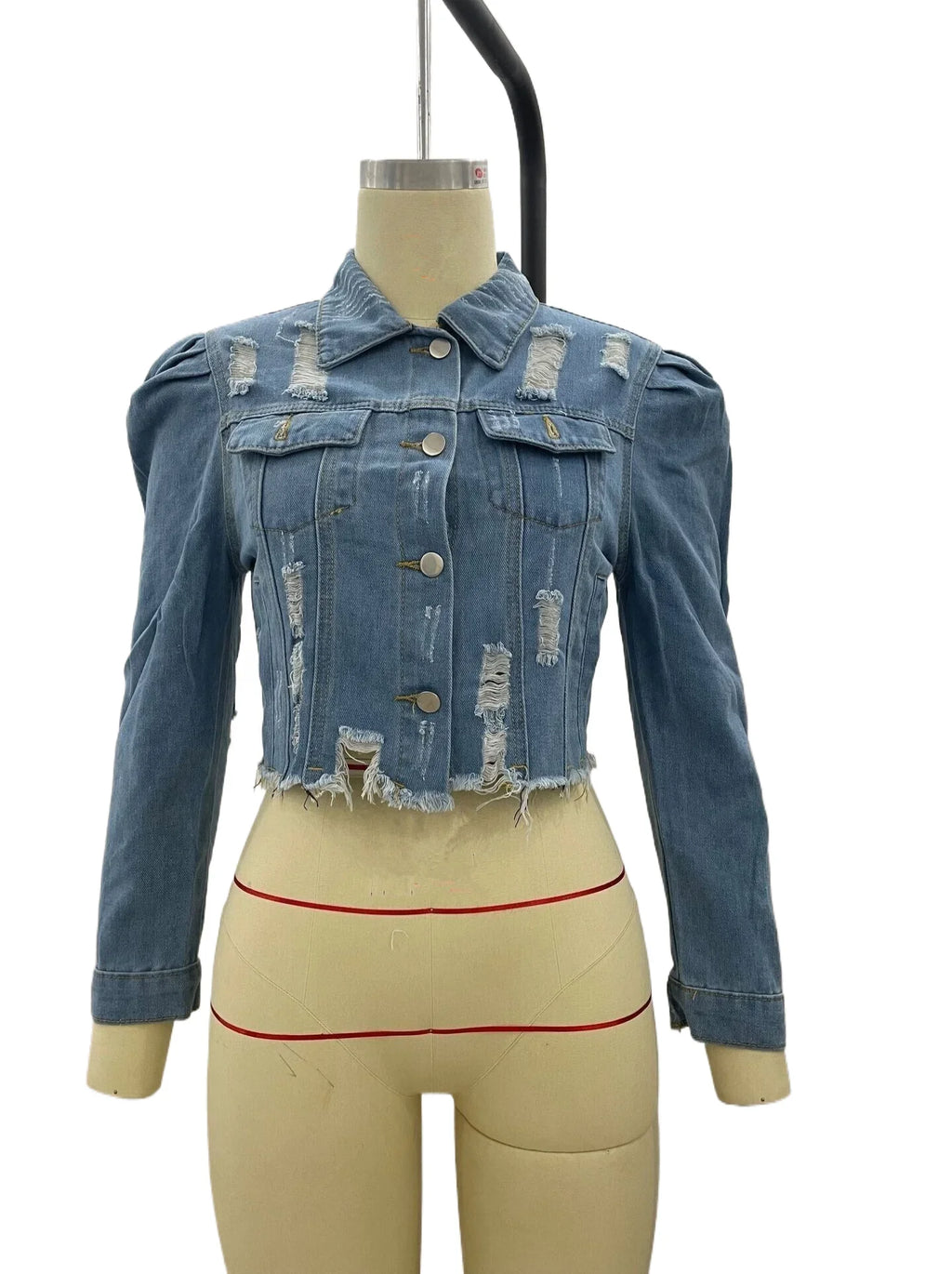 KY Cropped Half Jean Jackets Support Customization Ripped Distressed Raw Edge Women Blue Jeans Jackets