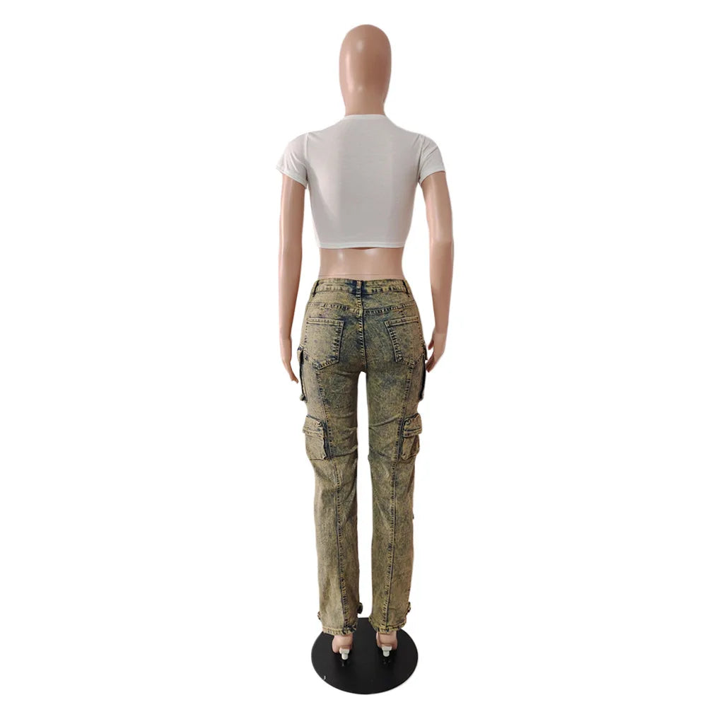 Jean Cargo Pants Women Street Wear Manufacturer Wholesale Jeans 6 Pocket Trouser Ladies Denim Cargo Pants With Multi Pockets