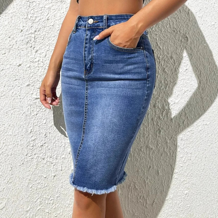YUNBOFEI Women High Waist Fringe Hem Denim Skirt Light Blue Distressed Frayed Edge Casual Street Style