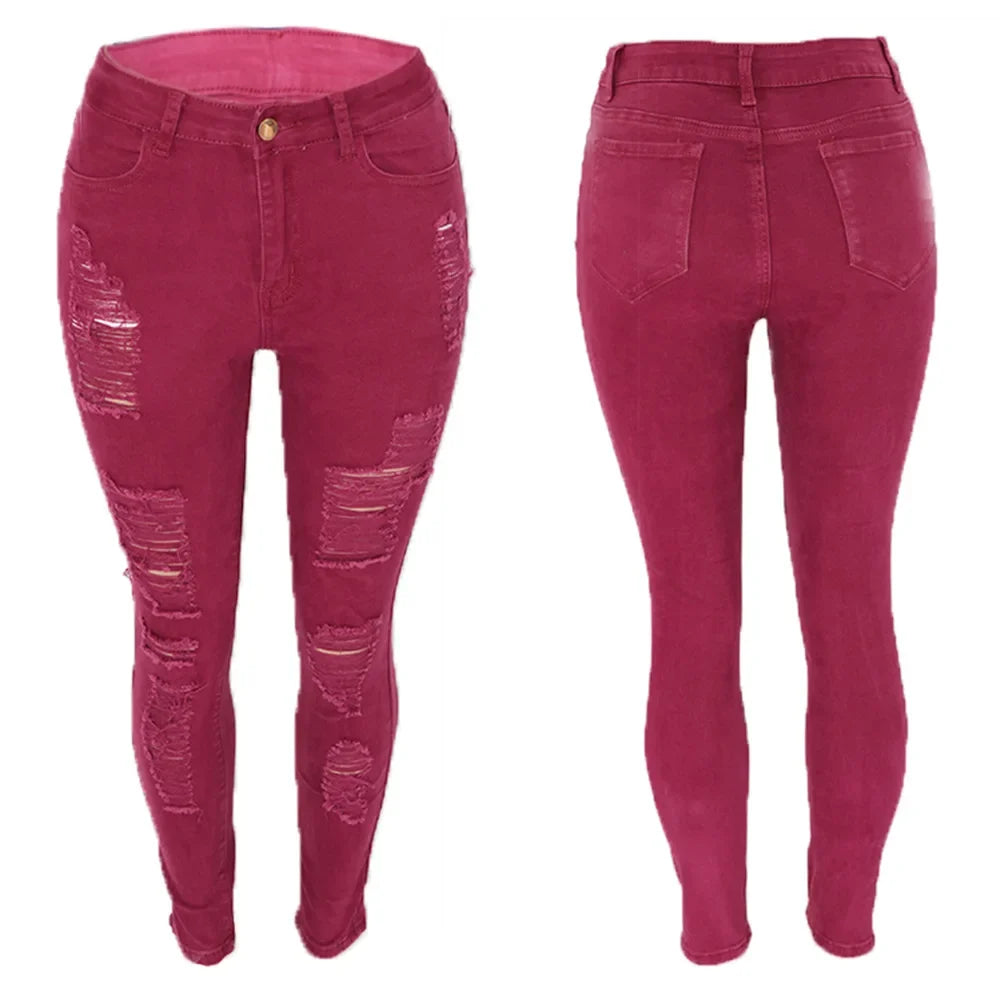 Womens High Waisted Black Torn Jeans Plus Size 3XL Skinny Denim Pencil Pants Burgundy Stretch Rugged Ripped Distressed Jeans