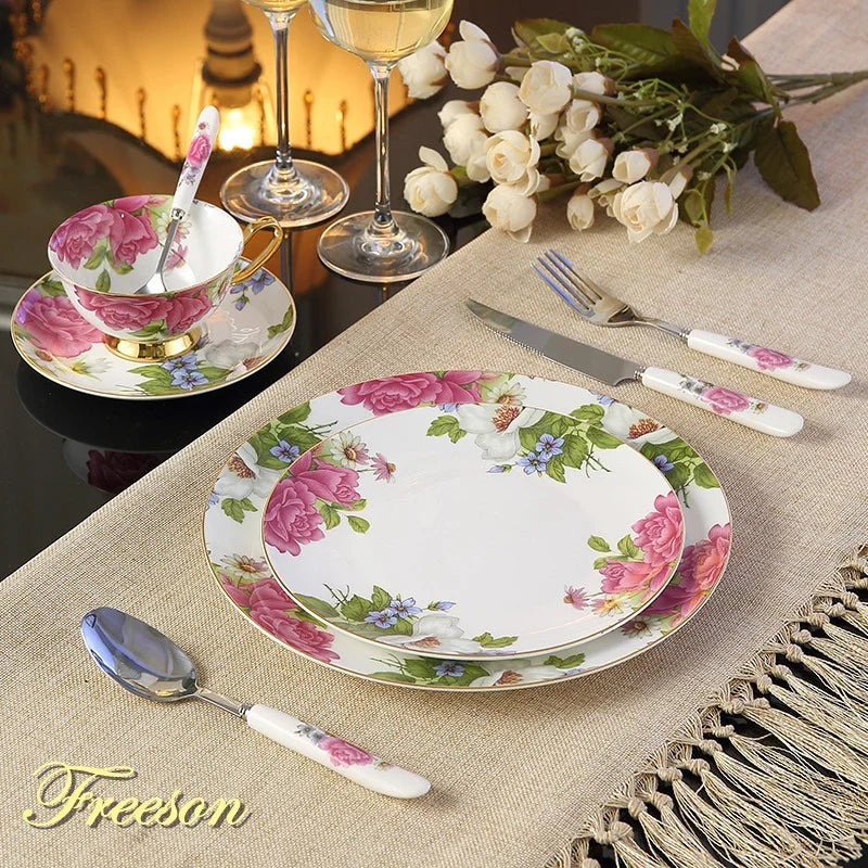 Europe Pastoral Bone China Tableware Set with Fork Knife Dishes Plates British Royal Advanced Porcelain Meal Cutlery Dinnerware