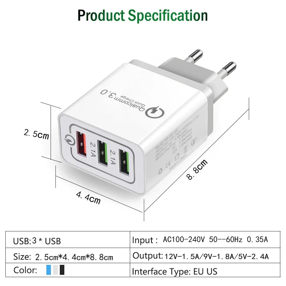 Wall Charger Adapter 3 Ports Quick Charge 3.0 Micro USB Fast Data Sync Charger Cable for Samsung Xiaomi Huawei ipad USB Charger
