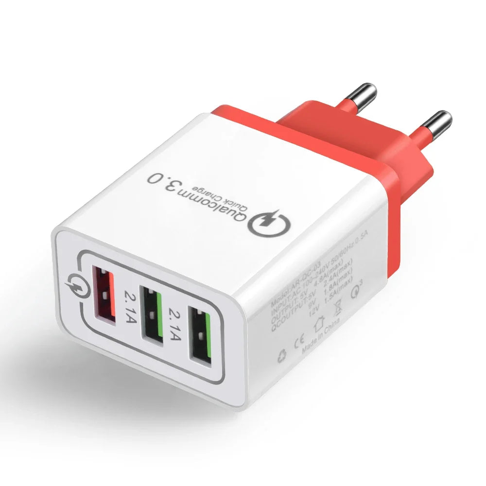 Wall Charger Adapter 3 Ports Quick Charge 3.0 Micro USB Fast Data Sync Charger Cable for Samsung Xiaomi Huawei ipad USB Charger