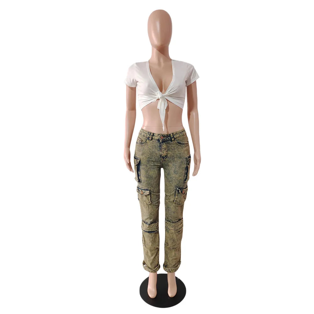 Jean Cargo Pants Women Street Wear Manufacturer Wholesale Jeans 6 Pocket Trouser Ladies Denim Cargo Pants With Multi Pockets