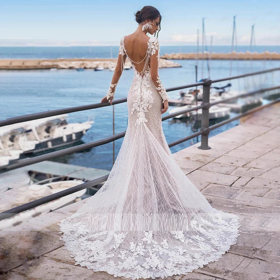 Sexy Mermaid Wedding Dresses Appliques Beads Chain Backless Vestido De Noiva Gelinlik Dubai Bridal Engagement Robe Mariee