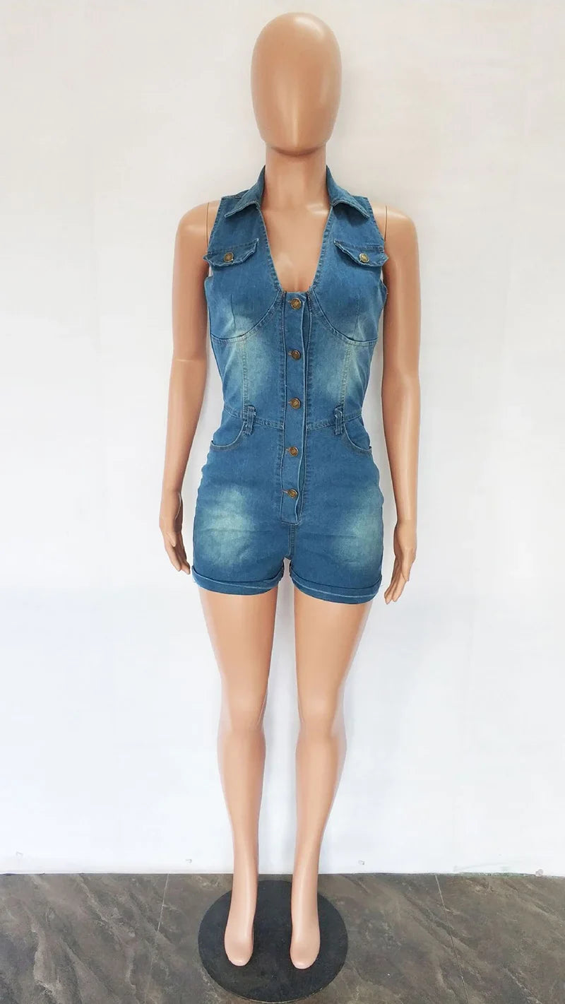2022 Backless Short Cami Jumpsuit Summer Buttons Sleeveless Sexy Denim Playsuit Denim Romper Women