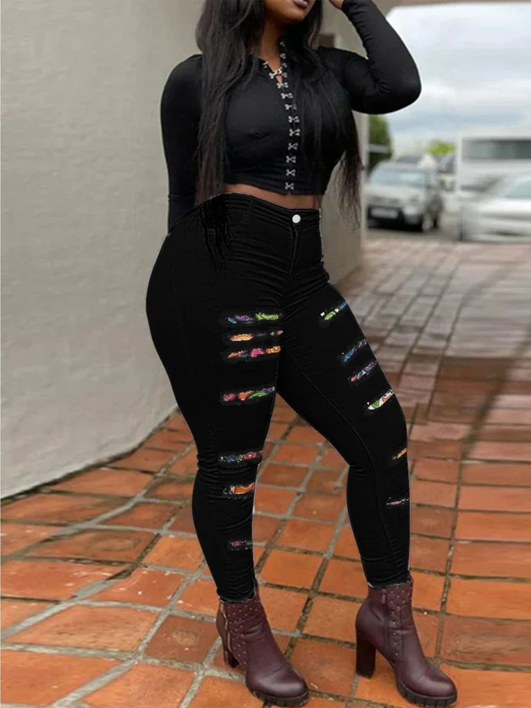 Free Shipping to USA-Women's Plus Size High Waist Slim Fit Casual Style Solid High Stretch Skinny Ripped Jeans