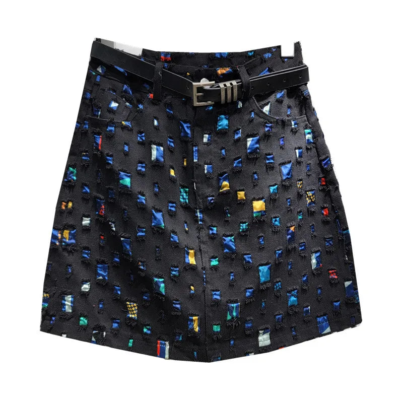 Slim A-line New Burnout Worn Personality Color Block Women's Denim Short Skirt   Fashion