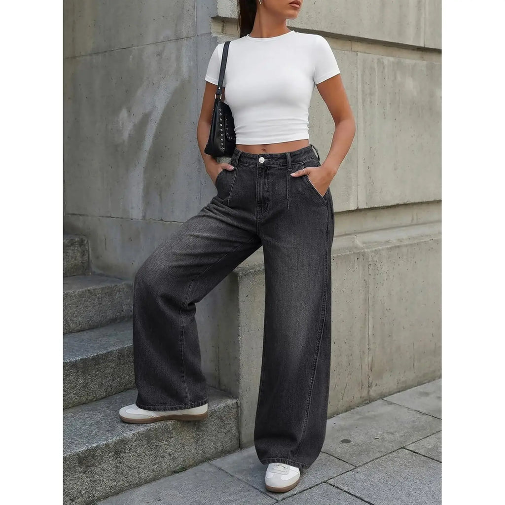 Women's Wide Leg Jeans High Waist Dark Wash Casual Denim Pants Baggy Soft Fabric