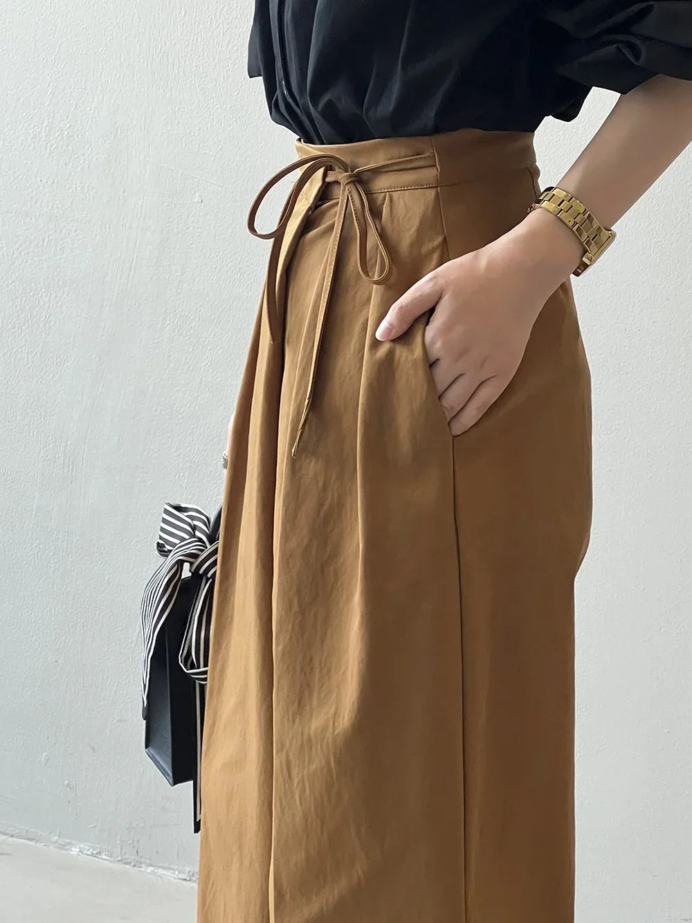 Asymmetric Diagonal Placket Strap Wide Leg Pants for Women's Spring High Waisted Straight Leg Casual Pants