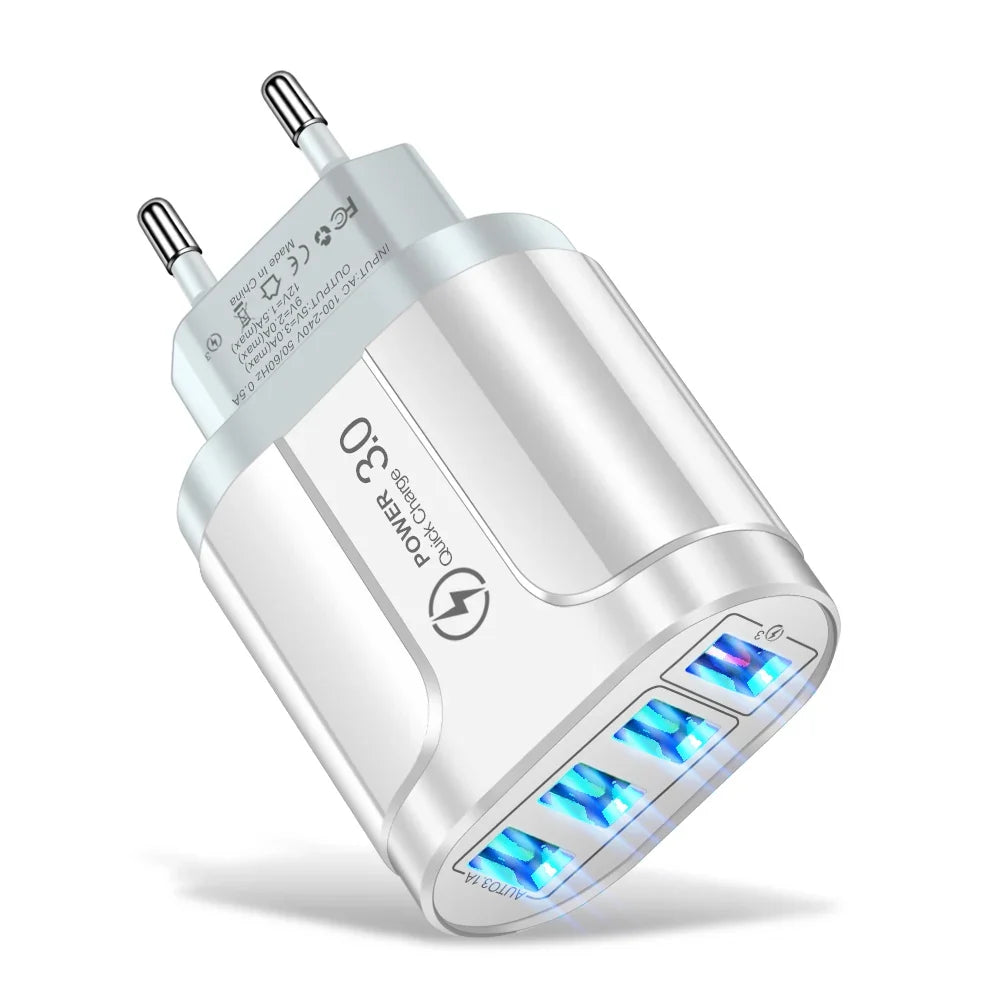 4 USB 45W USB Charger Fast Charge QC 3.0 Wall Charging For iPhone 15 14 Samsung Xiaomi Mobile 4 Ports EU US Plug Adapter Travel