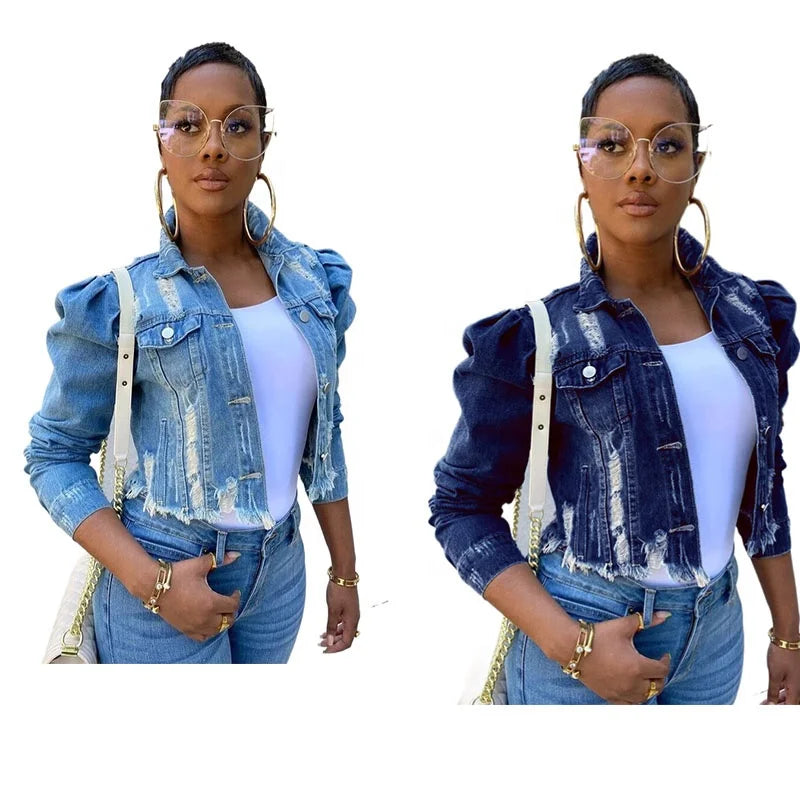 KY Cropped Half Jean Jackets Support Customization Ripped Distressed Raw Edge Women Blue Jeans Jackets