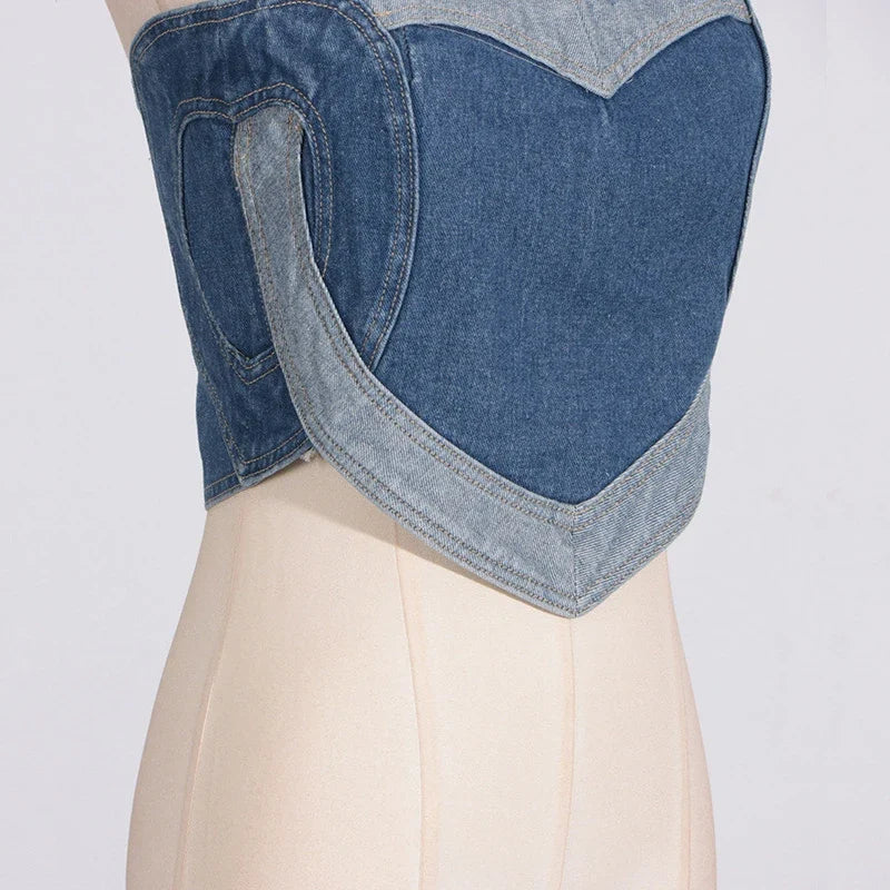Blue Heart-Patterned Top Denim Pants with Hollow Embroidery Loose Jeans Women Set