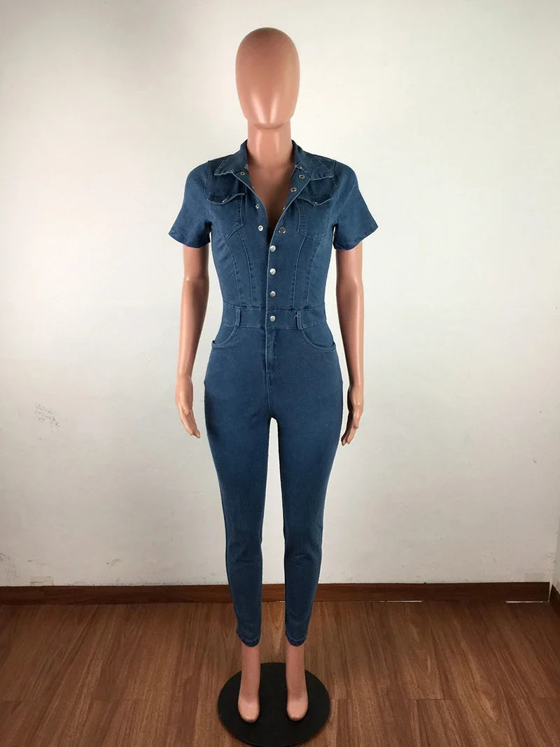Womens Sexy Blue Denim Wash Bodysuit Bodycon Jumpsuit Plus Size Jeans Romper for Women