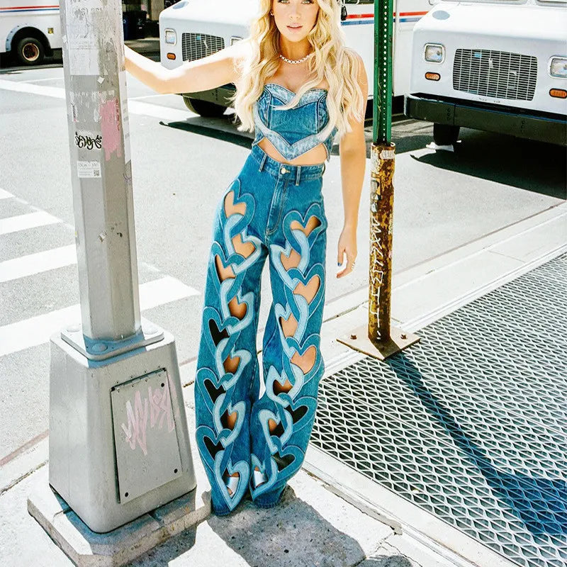 Blue Heart-Patterned Top Denim Pants with Hollow Embroidery Loose Jeans Women Set