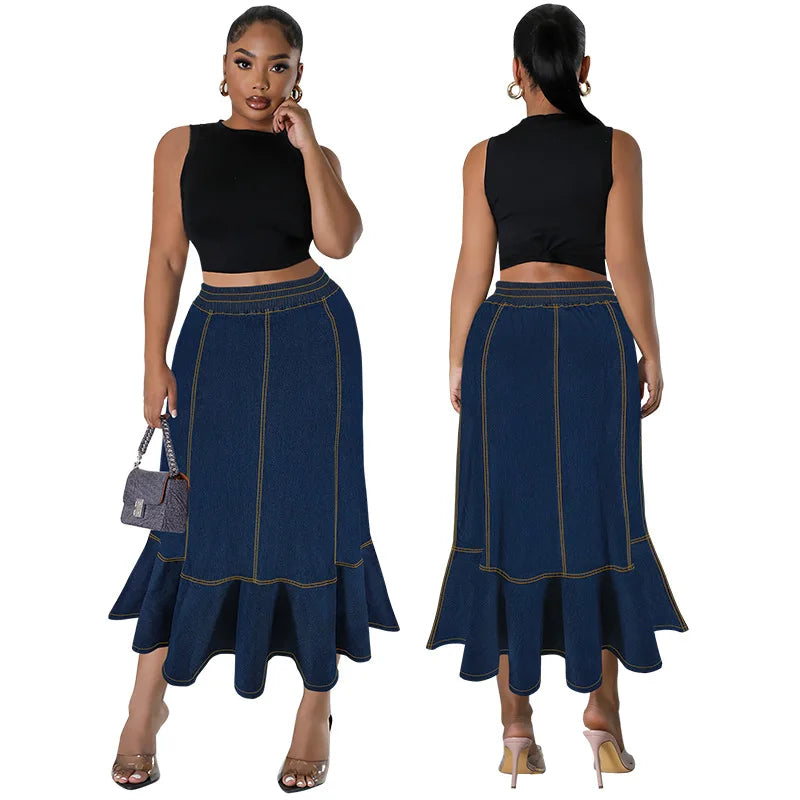 Latest Design Plus Size Women Jean Skirt Elastic Waistband Ruffle Long Denim for