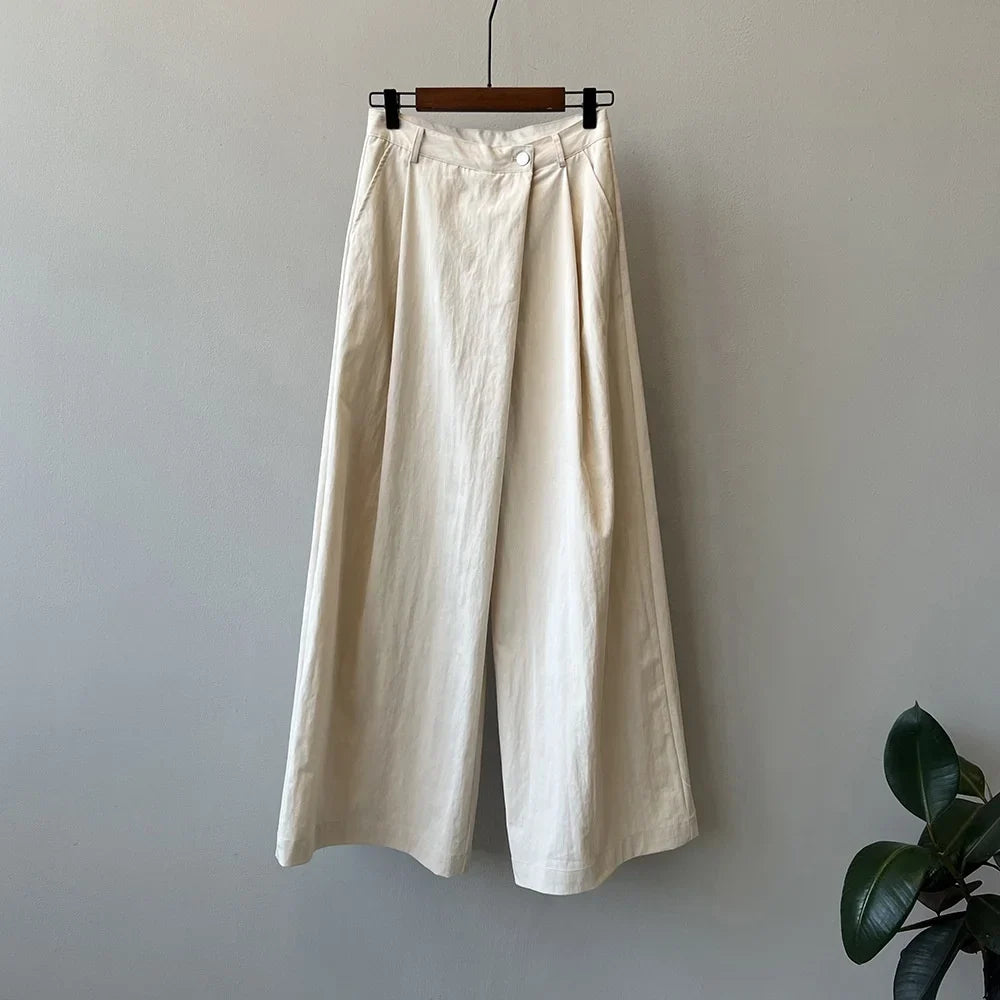 Asymmetric Diagonal Placket Wide Leg Pants for Women's Spring Casual High Waisted Straight Leg Pants