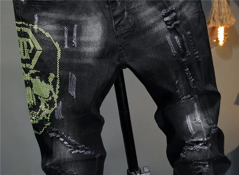 2021 Streetwear Clothing Patterned Men Super Skinny Black Jeans with Painting,Hot Drilling Slim Pants Skinny Jeans for Men