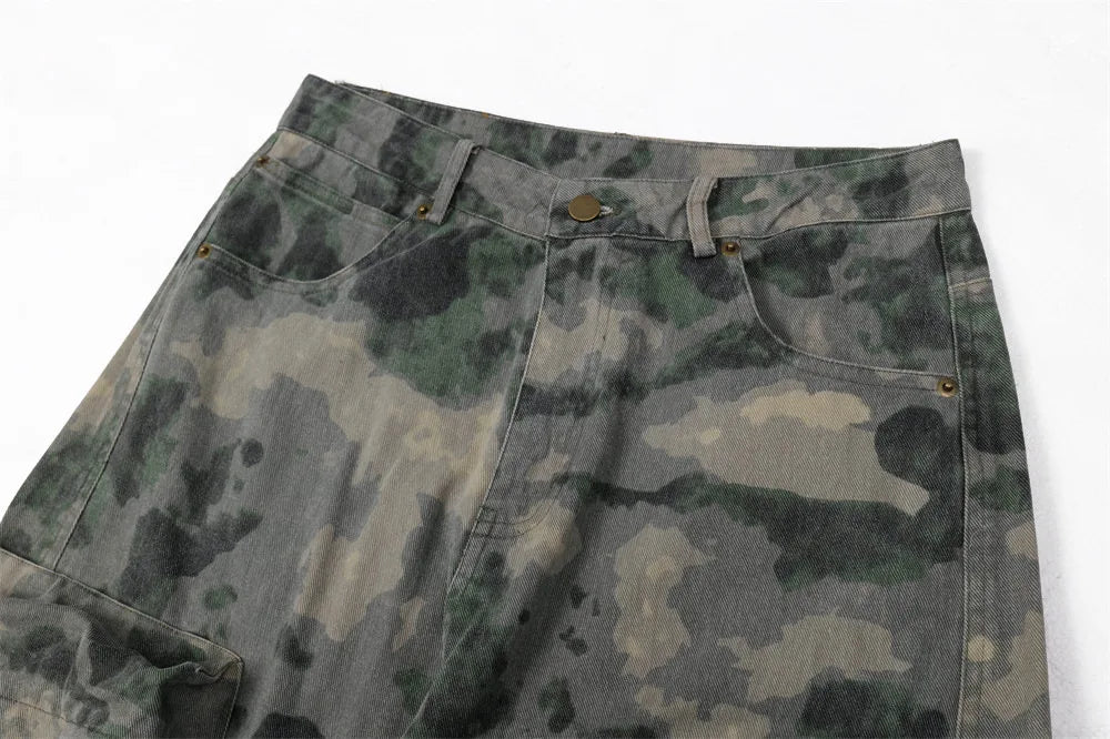 Tie Dye Camouflage Large Pocket Overalls Designer Men's Trend Loose Stone Wash Denim Fashion Patch Wide Leg Straight Men's Jeans