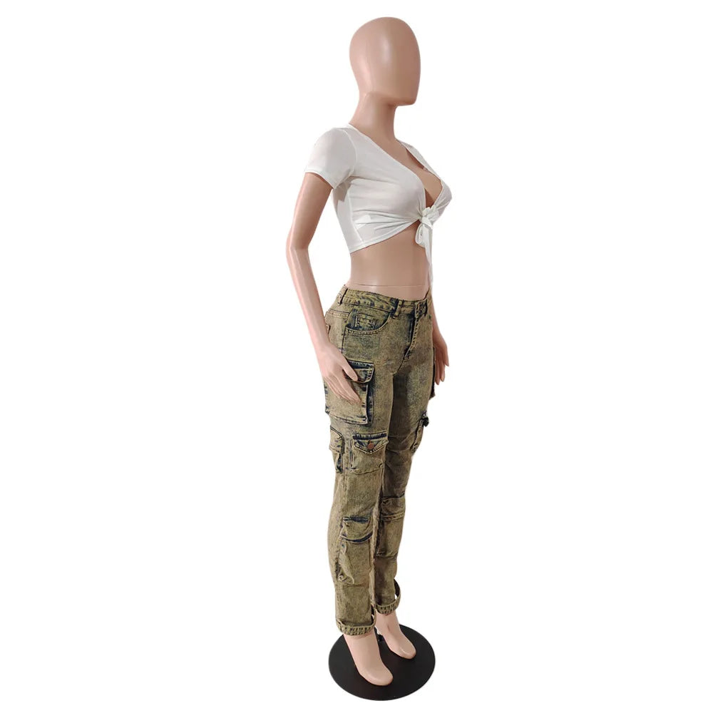Jean Cargo Pants Women Street Wear Manufacturer Wholesale Jeans 6 Pocket Trouser Ladies Denim Cargo Pants With Multi Pockets