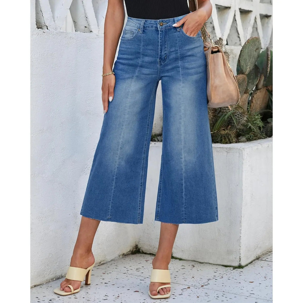 2025 Trendy High Waisted Women's Wide Leg Capris for Raw Hem Stretchy Denim Cropped Pants Jeans for Raw Hem Stretchy