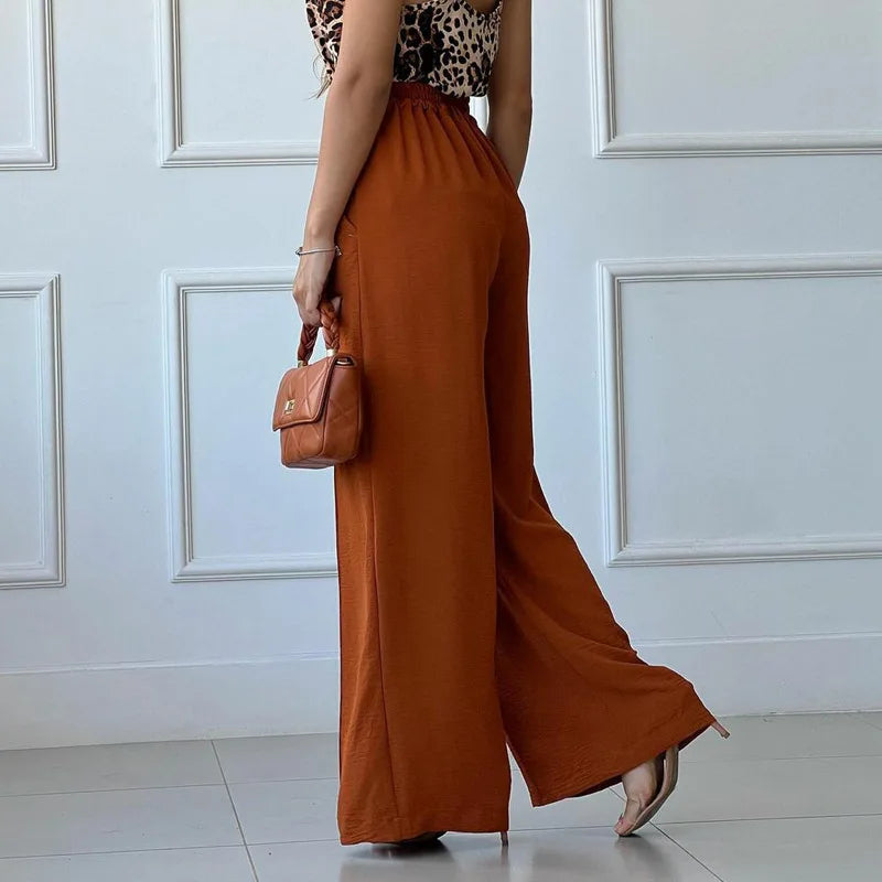 2025 Women Spring and Summer Thin Pants Solid Color Loose Pleated Wide Leg Casual Pants Half Elastic Waist Pants