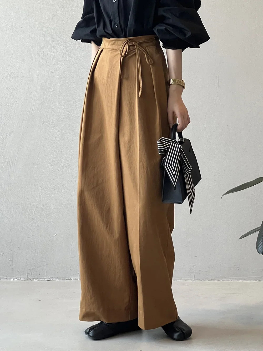 Asymmetric Diagonal Placket Strap Wide Leg Pants for Women's Spring High Waisted Straight Leg Casual Pants