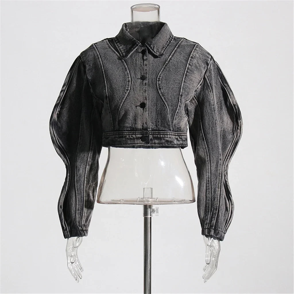 ZHEZHE Unique Fashion Female Spring Fall Winter Long Sleeve Denim Jeans Windbreaker Clothes Short Crop Jackets for Women'S Coats