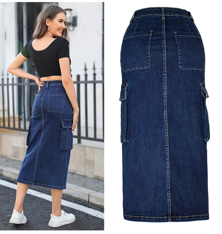 SL157 High Quality Summer Cargo Jeans Skirts for Women Multi Pocket High Waist Slim Split Long Denim Skirts for Women