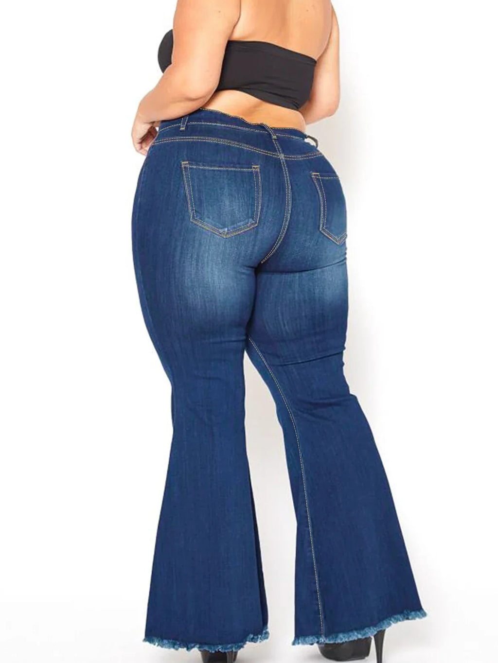 China Factory Wholesale Navy Good Quality Women Mid Waist Stretchy Regular Fit Plus Size Bleach Wash Flare Denim Jeans Pants