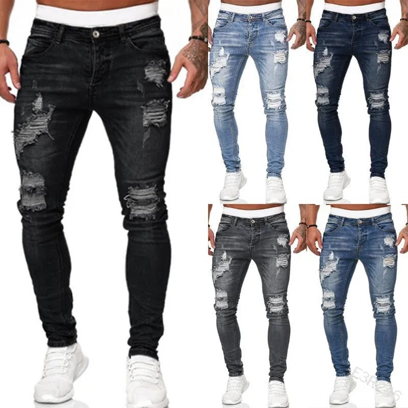 Wholesale large-sized men's jeans with zipper pockets, fashionable and tattered blue and black jeans, men's washed craft jeans