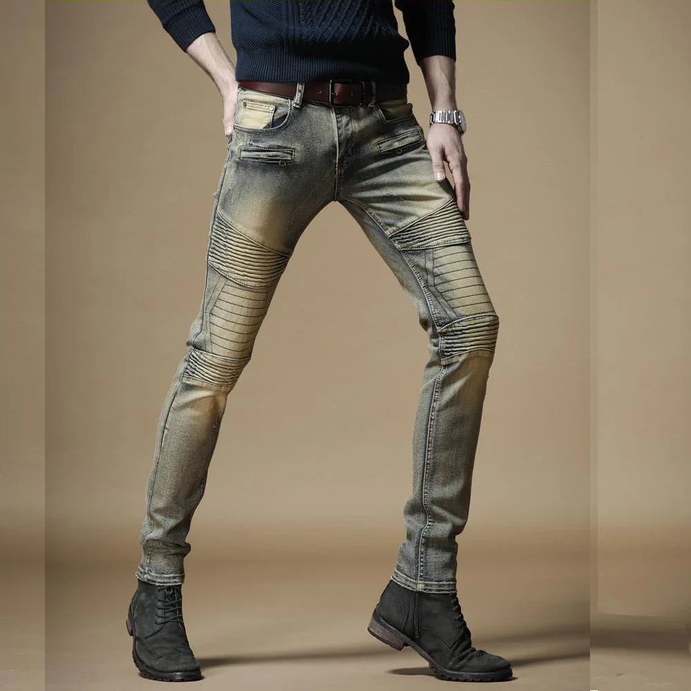 Top Fashion Slim Fit Men's Distressed Denim Bikers Jeans Pants Mid-Waist Pencil Style with Fast Delivery