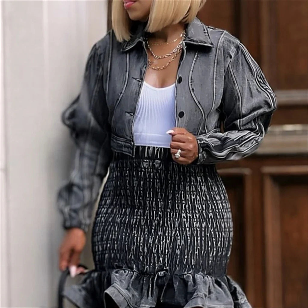 ZHEZHE Unique Fashion Female Spring Fall Winter Long Sleeve Denim Jeans Windbreaker Clothes Short Crop Jackets for Women'S Coats
