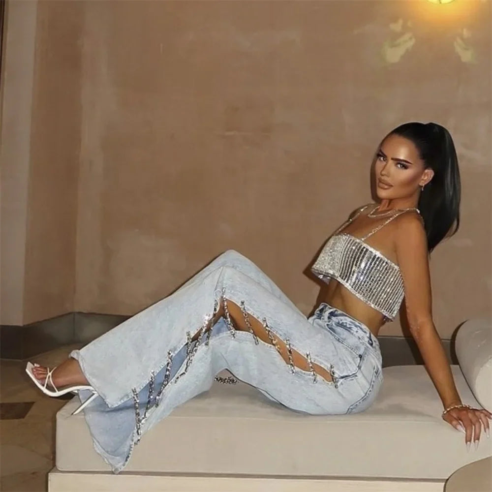 ZHEZHE Fashion Ladies Hollow Out Jeans Women Low Waist Wide Legs Loose Side Chain Design Women's Denim Pants