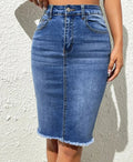 YUNBOFEI Women High Waist Fringe Hem Denim Skirt Light Blue Distressed Frayed Edge Casual Street Style