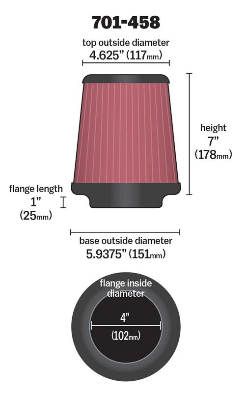 Airaid Universal Air Filter - Cone 4 x 7 x 4 5/8 x 7 w/ Short Flange 701-458