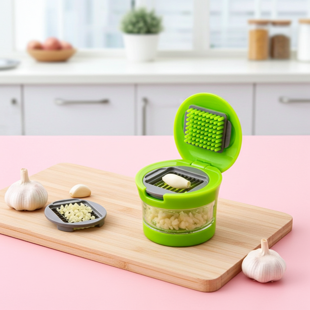 3-in-1 Hand Garlic Press, Mincer & Slicer with Storage Container