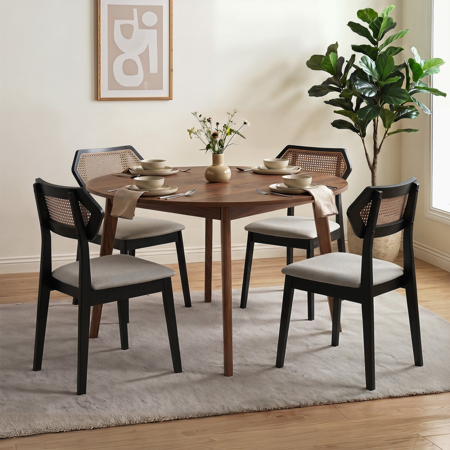 Rattan Dining Chairs Set of 4 with Curved Back