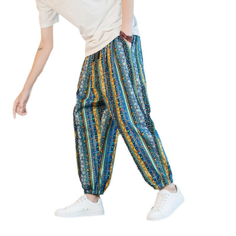 Chinese Style Printed Cropped Pants for Men, Loose Plus Size Carrot Pants, Summer Harem Beach Pants, Ethnic Style Loose Pants