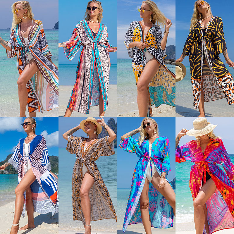 New European and American Rayon Printed Cardigan Beach Skirt Bikini Cover-Up Swimsuit with Sun Protection Clothing Seaside Vacation Skirt
