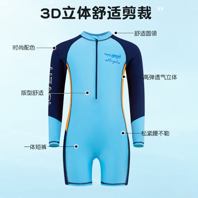 Summer New Children's Swimsuit Big Children's Long-sleeved Sunscreen Suit Boy's Swimsuit Comfortable Fit Student's Swimsuit