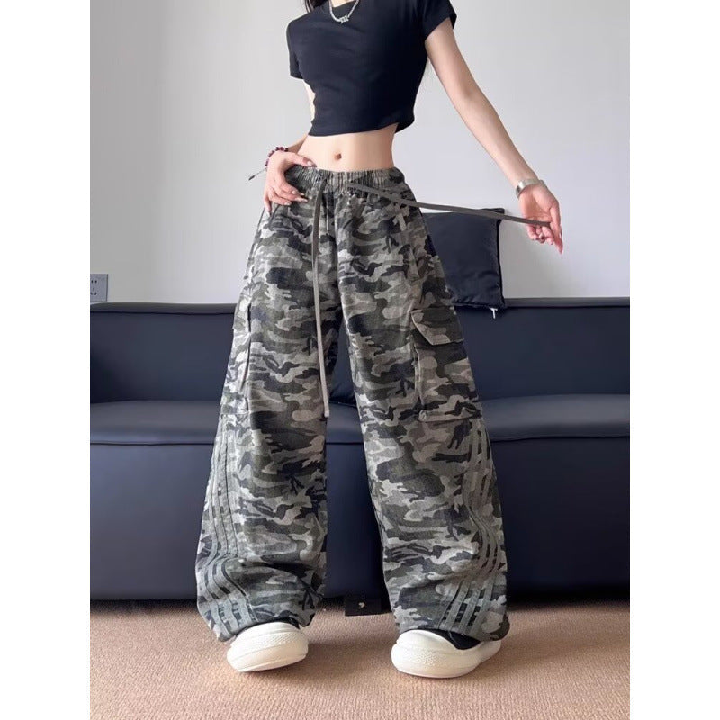 American Style 2025 Stripe Camouflage Crane Pants Women's Thin Trendy Autumn Casual plus size Loose Slimming Straight Leg Wide-leg Pants