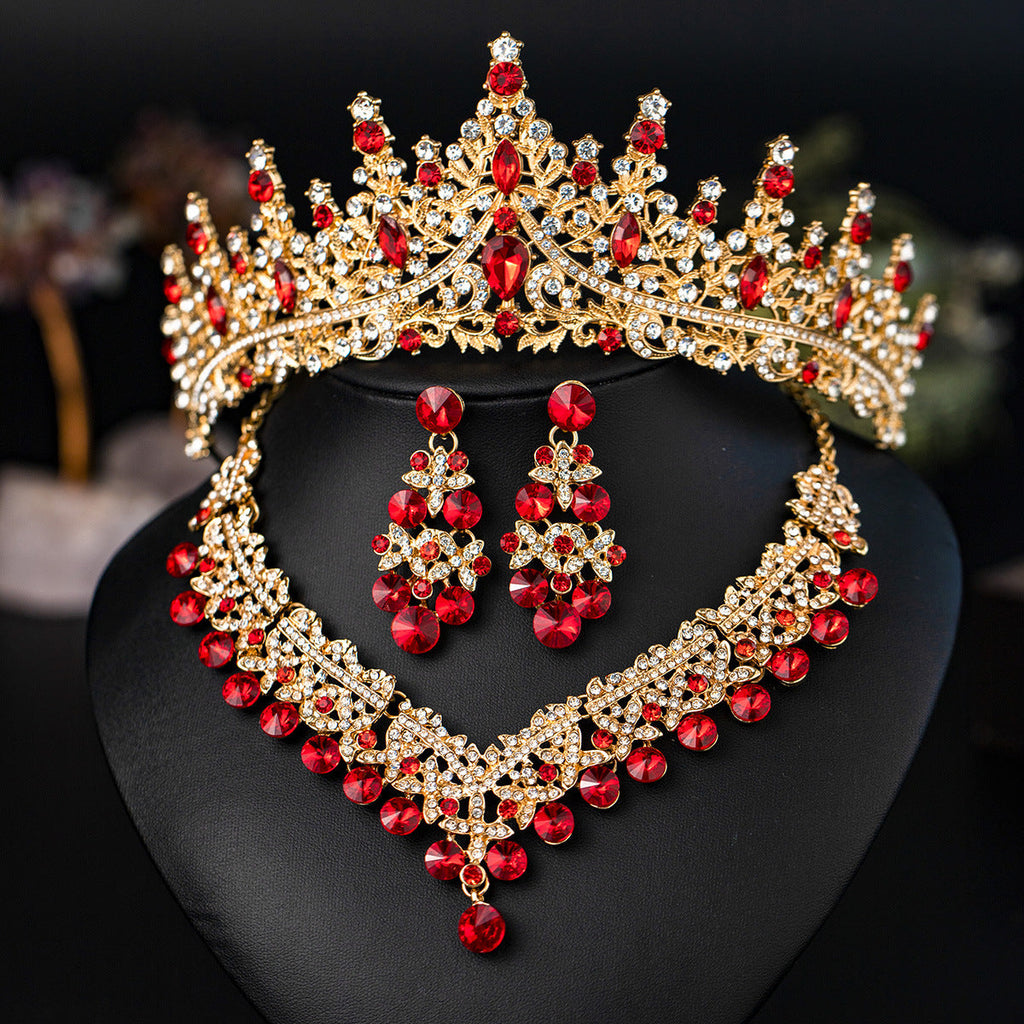 European and American Bride Jewelry Three-piece Suit High-class Dance Wedding Jewelry Alloy Diamond Crown Necklace Earrings suit