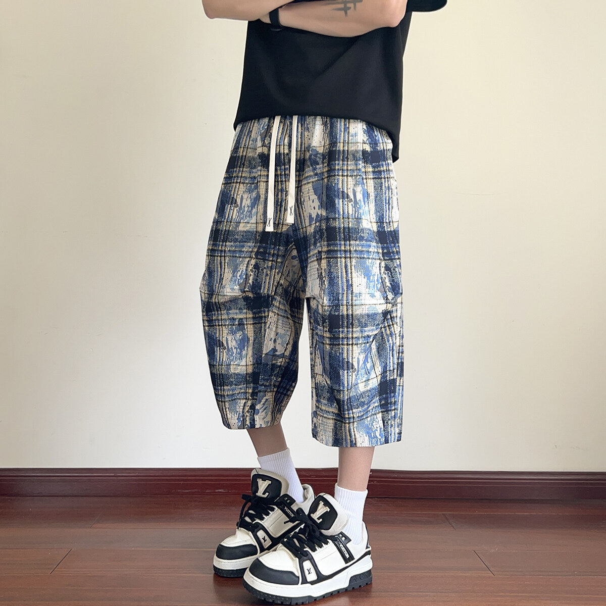 American High Street Style Handsome Workwear Cropped Pants for Men, Extra Large Size Plus Fat Wide Leg Shorts, Summer Ice Silk Eight-Point Pants
