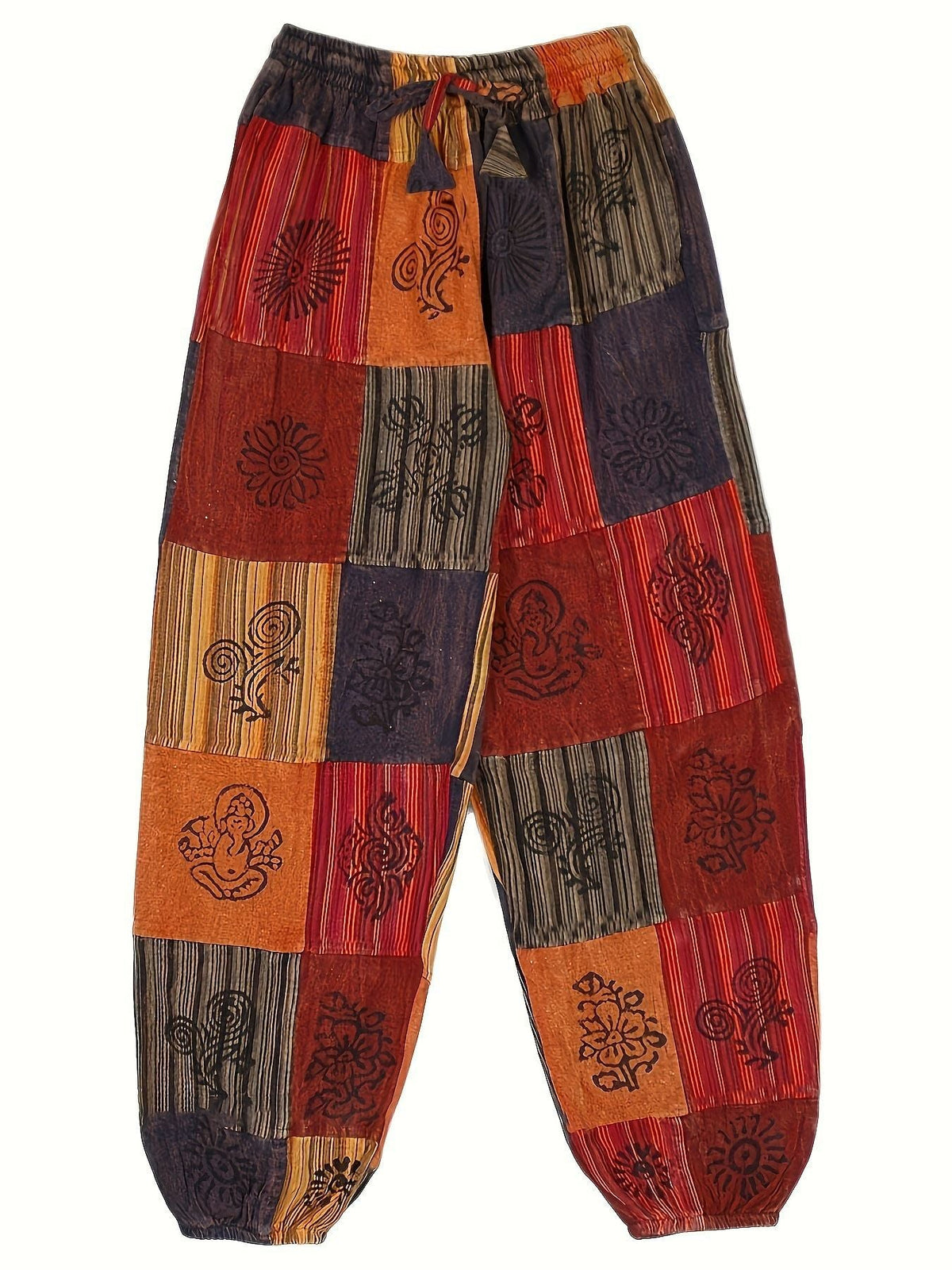 New European and American Cross-Border Women's Pants, High-Waisted Drawstring Cropped Pants, Elastic Waist, Cuffed Ankles, Vintage Print Pants