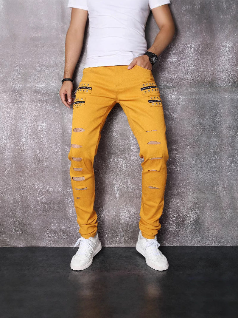 New Patchwork Jeans 2025 Spring & Fall Fashion Trendy Men's High Elastic Slim Men's Jeans Multi-Color Patchwork Black