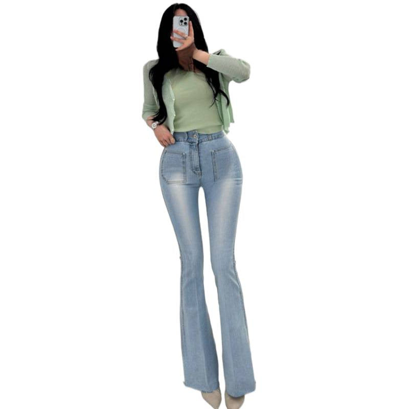 4-Color Padded Hip-Enhancing Jeans Korean Version with Padded Waist and Hip Ratio High-Waisted Slim-Fit Flared Pants
