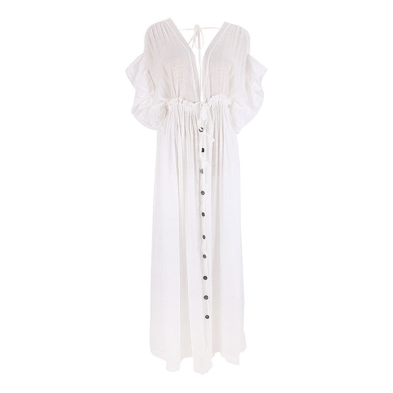 New Bamboo Cloth Button Waist Rope Long Skirt Cardigan Vacation Beach Jacket Sun Protection Clothing Long Skirt Bikini Cover-Up for Women